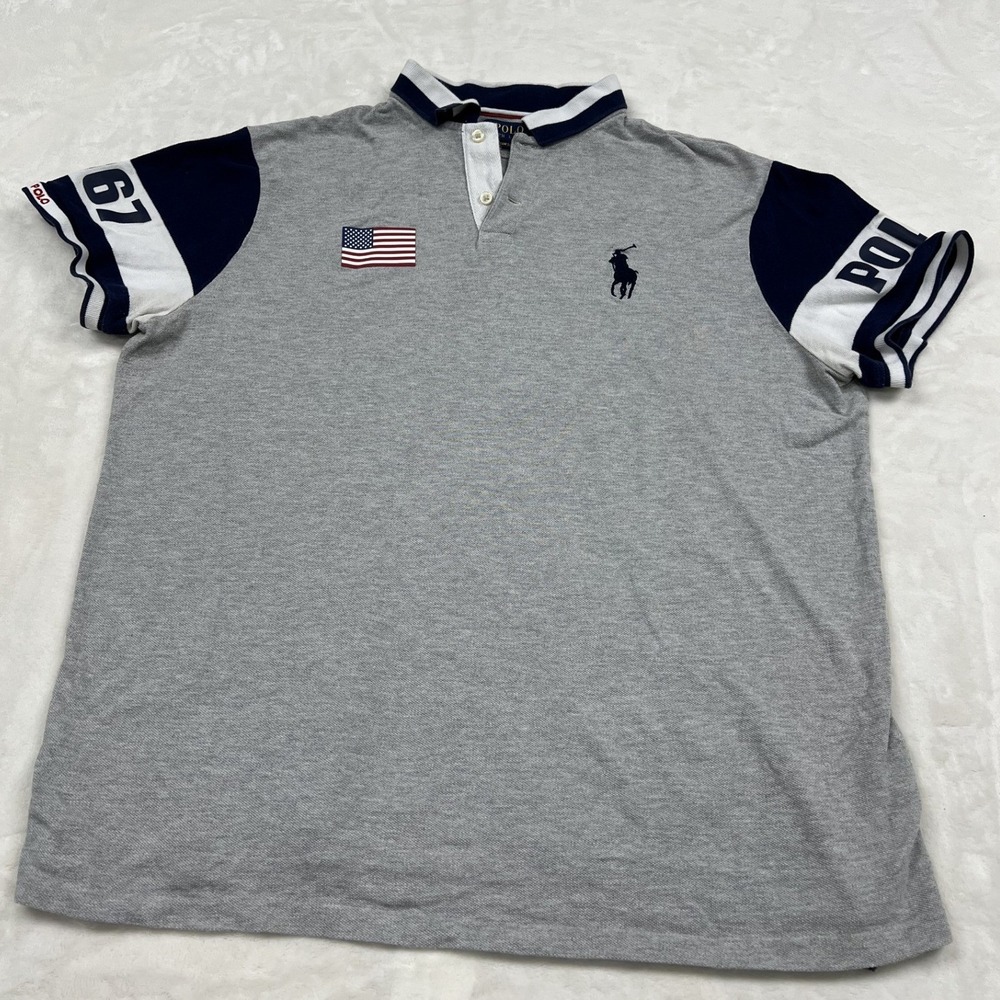 Polo Ralph Lauren Polo Shirt Mens XL Grey Custom Slim Fit USA Flag 67 Logo